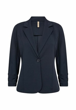 Temno mornarsko modro žensko sako z enim gumbom in nagubanimi rokavi do tri četrtine, prilagojene kroja in z zarezanimi ovratniki.