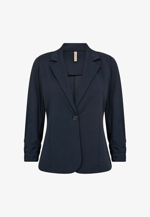 Tumši zils sieviešu žakete ar vienu pogu, rušķainām trīs ceturtdaļu piedurknēm, piegulošu siluetu un atvērtu atloku.