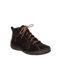 Bottine en daim noir avec des lacets marron, coutures contrastées, bout rond et semelle rembourrée pour le confort.