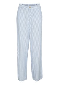 Pantaloni leggeri in misto cotone con righe verticali blu e bianche, design a gamba ampia, chiusura con bottone e passanti per la cintura.