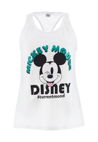 Weißes Tanktop mit einem schwarzen und mehrfarbigen Grafik von Mickey Mouse und dem Text "MICKEY MOUSE", "DISNEY" und "#currentmood" in fetter Schrift.