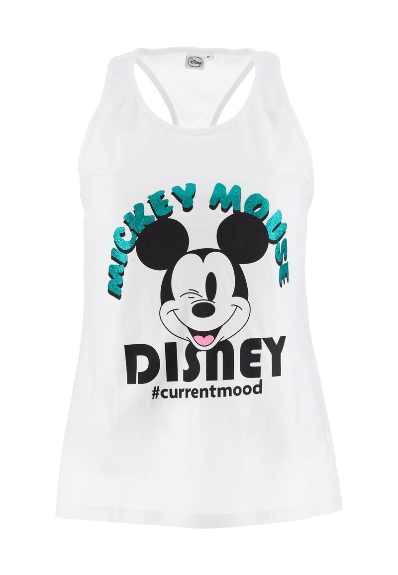 Weißes Tanktop mit einem schwarzen und mehrfarbigen Grafik von Mickey Mouse und dem Text "MICKEY MOUSE", "DISNEY" und "#currentmood" in fetter Schrift.