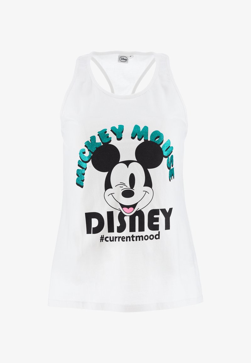 Weißes Tanktop mit einem schwarzen und mehrfarbigen Grafik von Mickey Mouse und dem Text "MICKEY MOUSE", "DISNEY" und "#currentmood" in fetter Schrift.