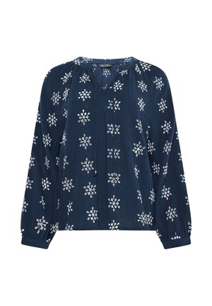 Marineblauw blouse met lange mouwen en witte bloemrijke borduursels, v-hals met strikjes, en geplooide stof bij de schouders en manchetten.