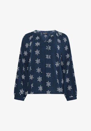 Marineblauw blouse met lange mouwen en witte bloemrijke borduursels, v-hals met strikjes, en geplooide stof bij de schouders en manchetten.