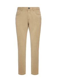 Beige cotton blend trousers with a slim fit design, featuring a button closure, five pockets, and stitched detailing along seams.