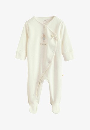 Lysekræmfarvet babyheldragt med lange ærmer, prikmønster, omslagsdesign, dekorativ sløjfe og trykt kaninmotiv. Trykknapper for nem påklædning.