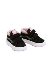 Black suede high-top shoes with pink accents, featuring two Velcro straps and a floral-patterned side detail. White sole with pink tread.