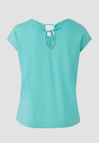 Turquoise korte mouw top met een ronde hals en een keyhole rugdetail. Zachte stof met een gladde textuur en een losse pasvorm.