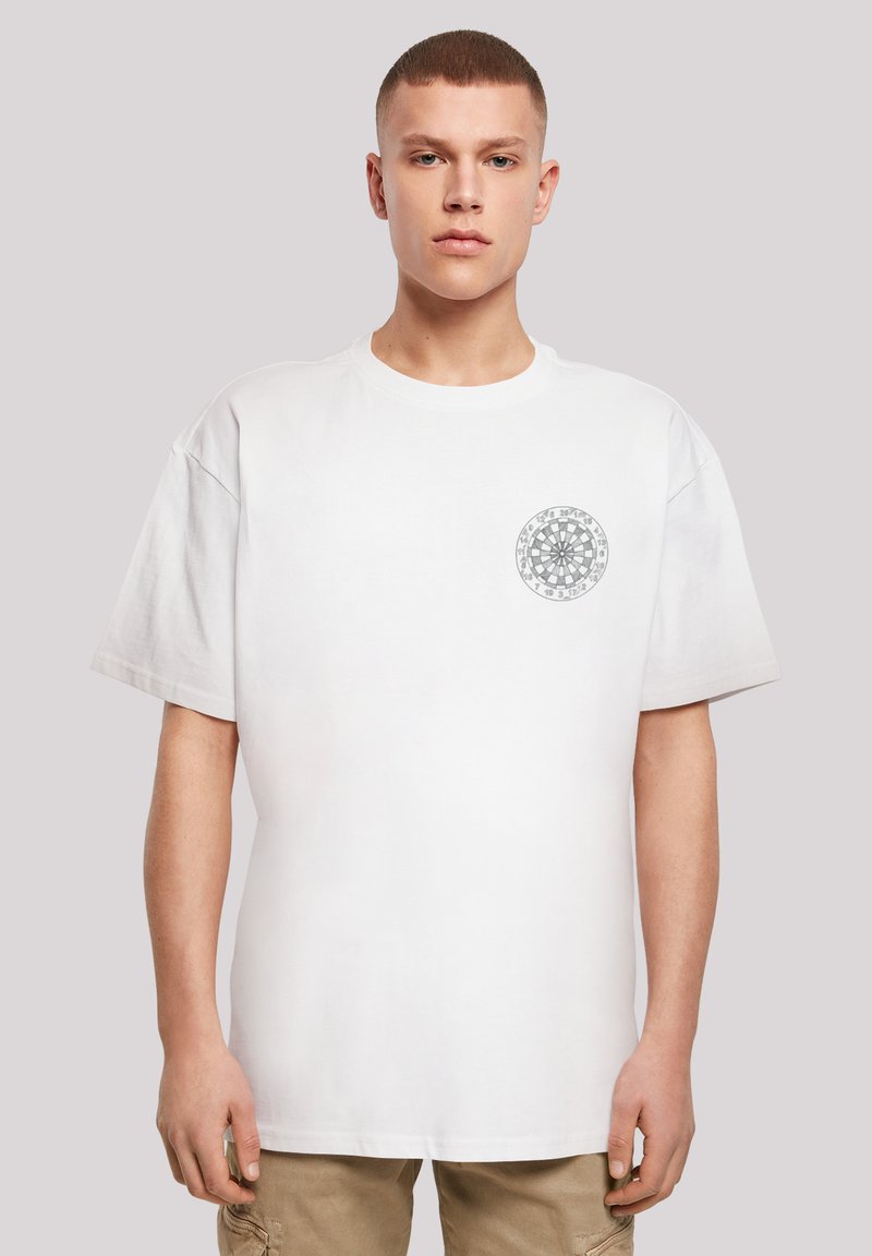 White cotton t-shirt with a round neckline, short sleeves, and a circular gray graphic on the left chest. Standard fit and smooth texture.