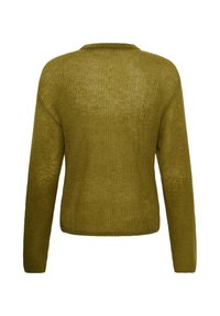 Pull en maille vert olive à manches longues vu de dos avec un col rond et une coupe légèrement ample.