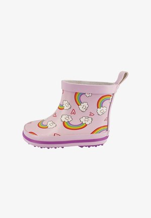 Roze kinderregenlaars met regenbogen, lachende wolken, rode harten, paarse zool en aantreklus aan de achterkant.