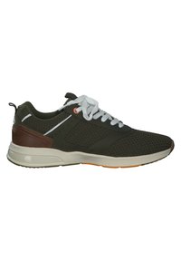 Sneaker de sport pour homme en vert olive avec dessus en maille, lacets blancs, accents en cuir marron et détail de semelle orange. Texturé pour la respirabilité.