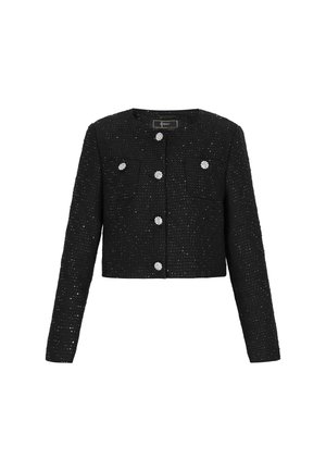 Fekete tweed zakó cropped fazonnal, hosszú ujjakkal, négy zsebbel és ezüstszínű, virág alakú gombokkal. Texturált anyag finom csillogással.