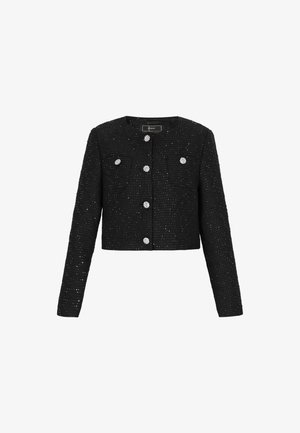 Fekete tweed zakó cropped fazonnal, hosszú ujjakkal, négy zsebbel és ezüstszínű, virág alakú gombokkal. Texturált anyag finom csillogással.