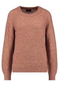 Pull marron clair en tissu doux, avec un col arrondi, des manches longues, et des poignets et un ourlet côtelés. Design minimaliste avec une texture lisse.