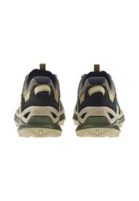 Scarpe da esterno uomo con tomaia in mesh blu scuro e khaki, dettagli beige, linguetta per il sollevamento e suola verde robusta con design del battistrada.