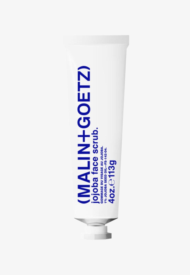 Weißer Tube mit blauer Schrift, beschriftet mit "MALIN + GOETZ Jojoba-Gesichtspeeling," mit einem Drehverschluss und einem Gewicht von 4 oz (113 g).