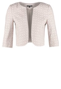 Veste courte beige clair avec manches trois-quarts et motif géométrique floral subtil, ouverture devant.