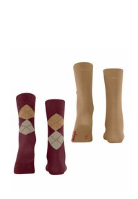 Due paia di calzini: una paia presenta un motivo argyle marrone, mentre l'altra è di un colore solido beige. Entrambi sono progettati per un uso casual.