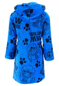 Accappatoio blu con cappuccio realizzato in morbido tessuto, impreziosito da motivi neri di personaggi dei cartoni animati e impronte di zampe su tutta la superficie. Maniche lunghe con dettagli ai polsini.