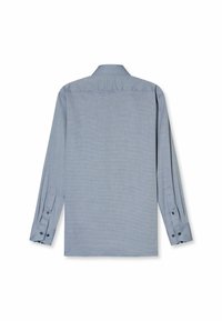 Blaues Langarmhemd mit strukturiertem Karo-Muster, geknöpften Manschetten und klassischem Kragen. Keine sichtbaren Marken oder zusätzlichen Details.