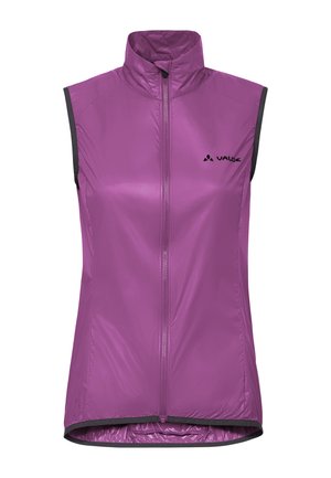 Purple sleeveless outdoor vest with full front zipper, high collar, and black trim along armholes and hem, featuring Vaude logo on chest.