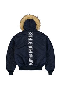 Marineblaue Bomberjacke mit pelzgefütterter Kapuze, gerippten Bündchen und Saum sowie vertikalem "Alpha Industries"-Logo auf dem Rücken.