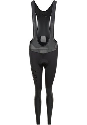 Black cycling bib shorts with mesh upper straps, padded seat area, and reflective strip detail on the thigh. Stretchy, fitted design.