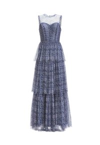 Hame dress tiered tanpa lengan yang terbuat dari kain transparan dalam nuansa biru dan ungu. Memiliki bodice yang pas dan pola floral di seluruhnya.
