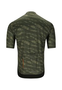 Maillot de cyclisme à manches courtes vert olive avec des rayures camouflage foncé, une petite poche arrière, et le texte « ENDURANCE » en orange.