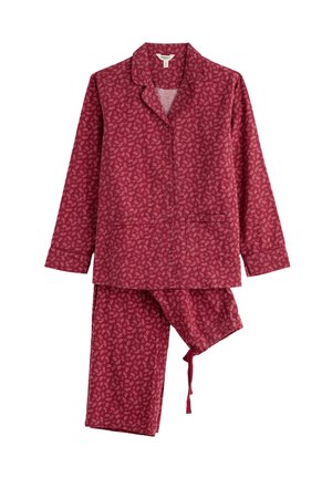 Haut de pyjama rouge à manches longues boutonné et pantalon assorti avec un petit motif floral clair et un cordon de serrage au niveau du pantalon.