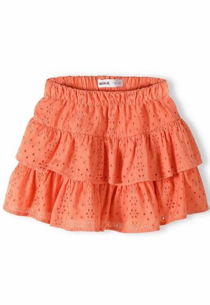 Korallenrosa Stufenkleid mit Spitzenblumenstickerei, elastischem Taillenbund und Rüschenschichten, gekennzeichnet mit der Marke Minoti.