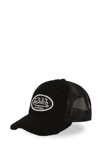 Casquette trucker noire Von Dutch avec un devant en polaire, un dos en maille, un bord incurvé et un patch logo ovale blanc portant l'inscription "Von Dutch California."