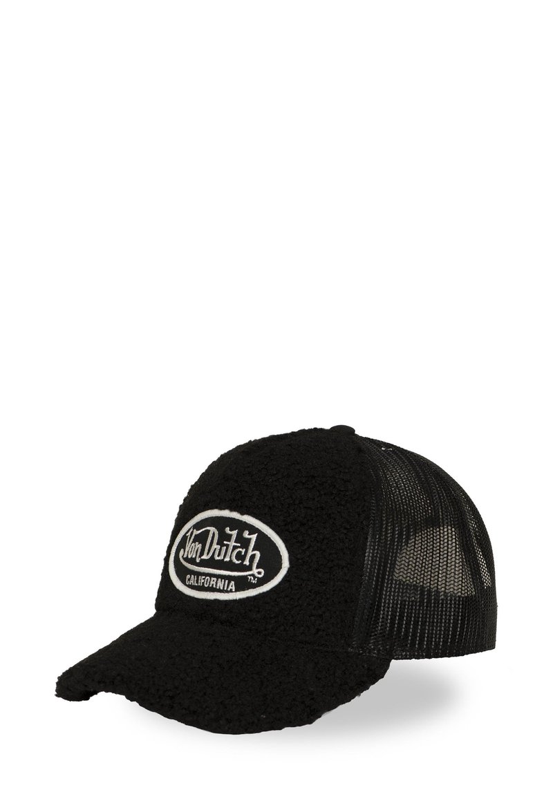 Casquette trucker noire Von Dutch avec un devant en polaire, un dos en maille, un bord incurvé et un patch logo ovale blanc portant l'inscription "Von Dutch California."