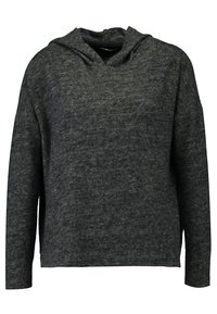 Ciemnoszara bluza z kapturem, wykonana z teksturowanej tkaniny, z długimi rękawami i luźnym krojem oraz otwarciem przy dekolcie z przodu.