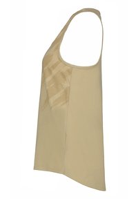 Beige sleeveless top with a slightly elongated back, featuring a smooth texture and a subtle, abstract pattern on one side.
