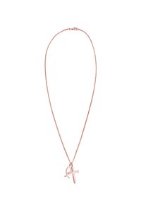 Collar de oro rosa con una cadena delgada y un diseño que presenta una cruz minimalista y un símbolo de acento, con un acabado de metal suave.