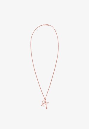 Roségoldkette mit dünner Kette und einem Design, das ein minimalistisches Kreuz und ein Akzent-Symbol zeigt, mit einer glatten Metalloberfläche.