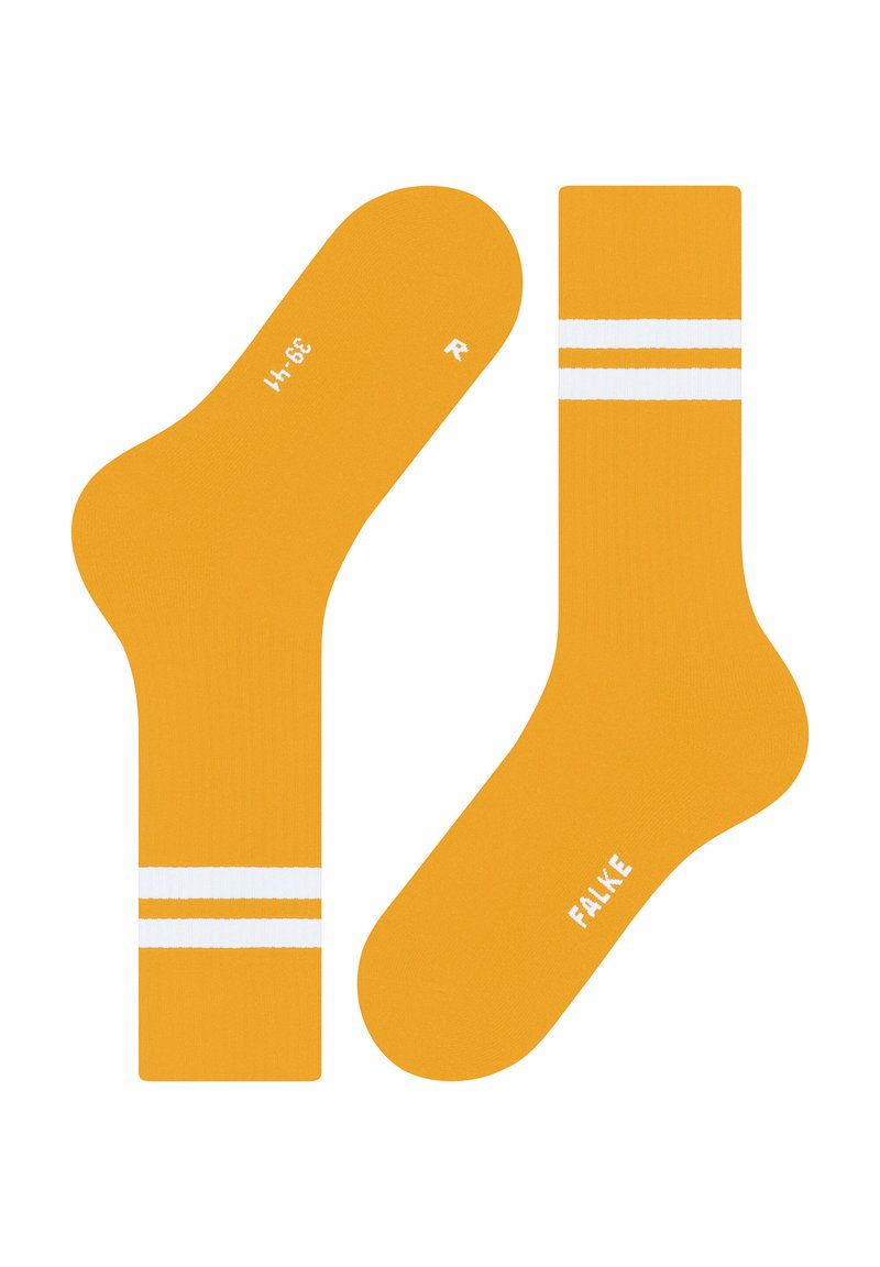 Chaussettes de sport jaune moutarde avec deux rayures blanches près du haut, étiquetées "FALKE" et marquées "R" pour la taille du pied droit.