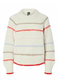 Kremkrāsas džemperis ar horizontālām svītrām sarkanā, rozā, gaiši zilā un brūnā krāsā. Apaļš kakls, pieguļoši manšetes un apakšmalā. Tekstūrā vilnas un sintētisko šķiedru maisījums.