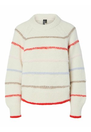 Suéter color crema con rayas horizontales en rojo, rosa, azul claro y marrón. Cuello redondo, puños y dobladillo ajustados. Mezcla de lana texturizada.