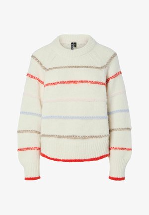 Pull crème avec des rayures horizontales rouge, rose, bleu clair et marron. Encolure ronde, poignets et ourlet ajustés. Mélange de laine texturé.