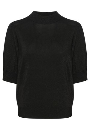 Schwarzer Strickpullover mit hohem Kragen, kurzen, puffigen Ärmeln und einer strukturierten, schimmernden Oberflächenbeschaffenheit. Schlicht und figurbetont am Saum.