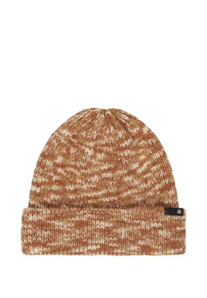 Berretto lavorato a maglia marrone e beige screziato con risvolto e una piccola etichetta nera sul lato destro, esposto su sfondo bianco.