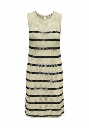 Strickkleid ohne Ärmel mit einem beigen Körper und schwarzen horizontalen Streifen, Rundhalsausschnitt und einem Schlitzdetail auf der Rückseite.