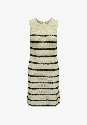 Gebreid mouwloos jurkje met een beige lichaam en zwarte horizontale strepen, ronde halslijn en een sleutelgatdetail aan de achterkant.