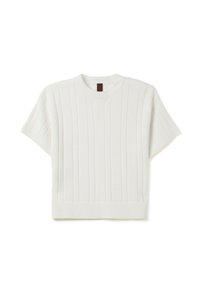 Maglione a maniche corte in off-white, caratterizzato da una texture a coste verticali e un colletto rotondo, con orlo aderente.