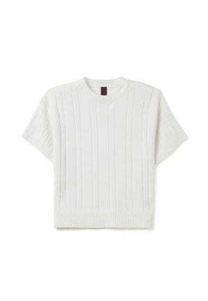 Pull à manches courtes en tricot couleur blanc cassé, avec texture en côtes verticales et encolure ronde, doté d'un ourlet ajusté.