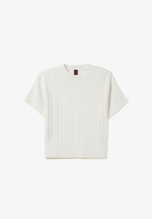 Korte mouwen gebreide trui in off-white, met verticale ribbelstructuur en een ronde halslijn, afgewerkt met een aansluitende zoom.